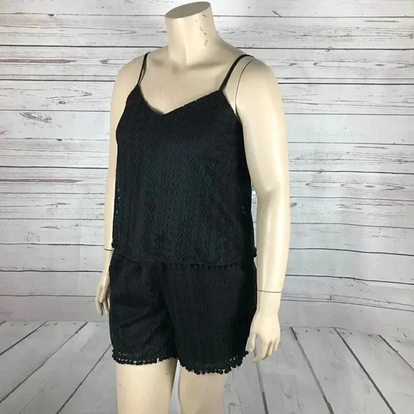 AMERICAN RAG Plus Size Pom Pom Trim Romper, Black, 0X - Picture 6 of 7